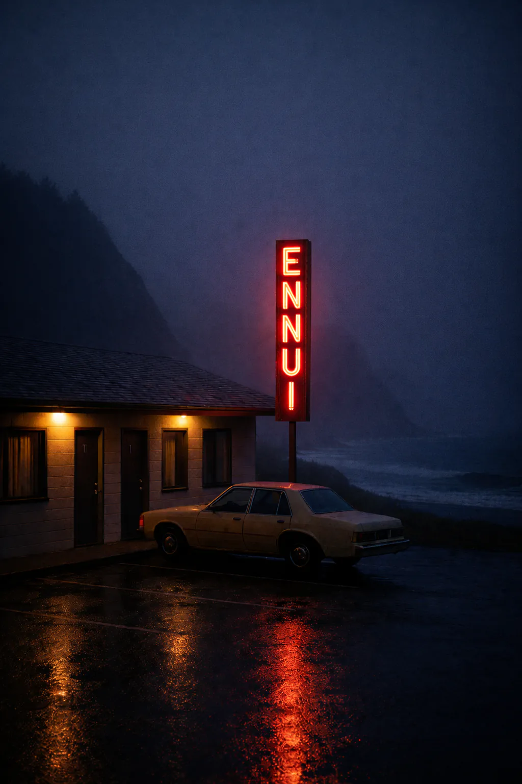 The Ennui Motel at dusk — neon sign glowing against a coastal headland